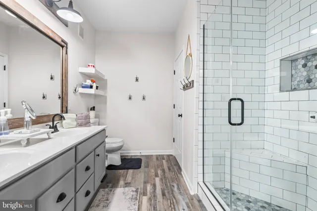 a spacious bathroom with a shower