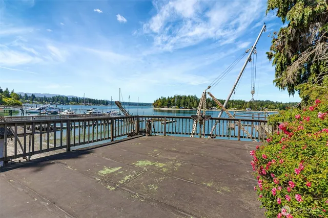 an aerial view of a house with a yard and lake view