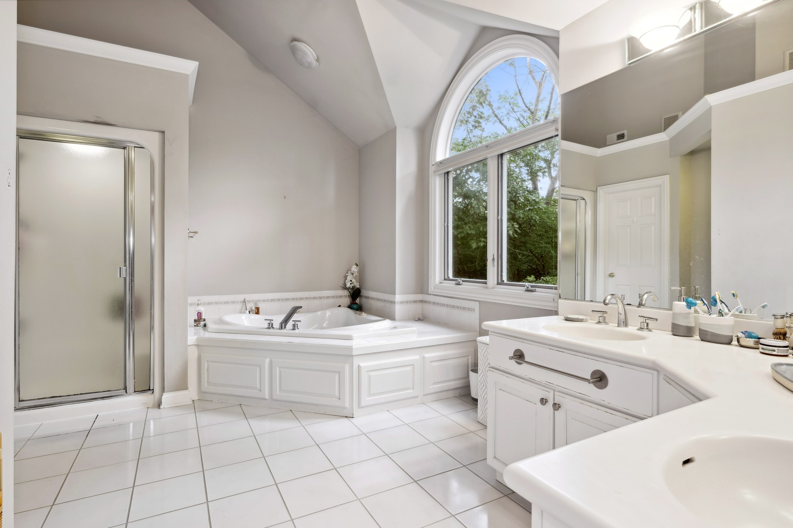 310 Belle Foret Drive Lake Bluff, IL 60044 - Photo 21 of 31 a bathroom with a sink mirror and a bathtub next to a window