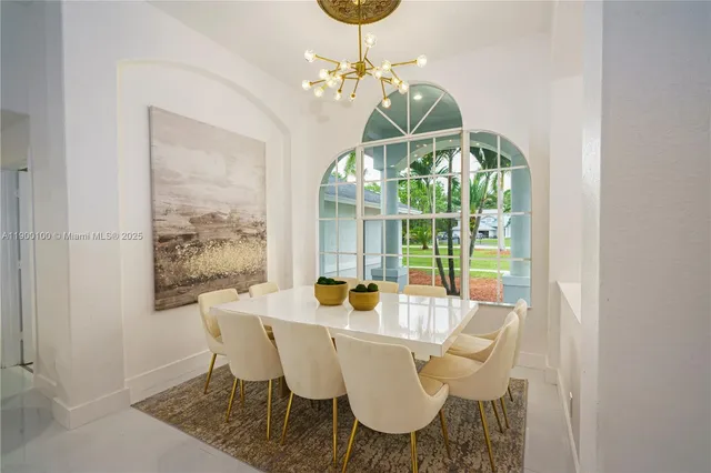a view of a dining room with furniture window and outside view