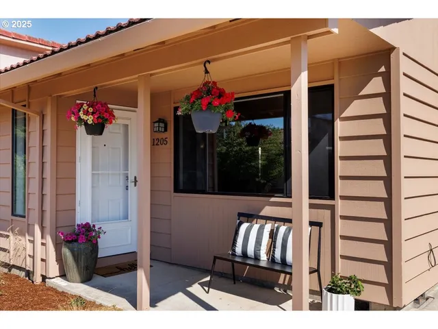 a view of a balcony with a potted plant and floor to ceiling window