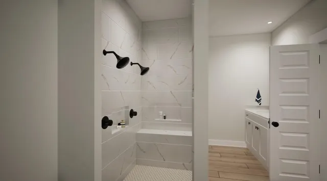 a bathroom with a bathtub