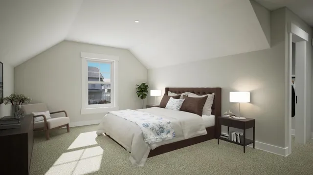 a bedroom with a bed and a lamp with window