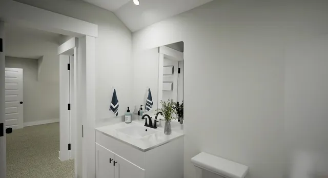 a bathroom with a sink a toilet and mirror