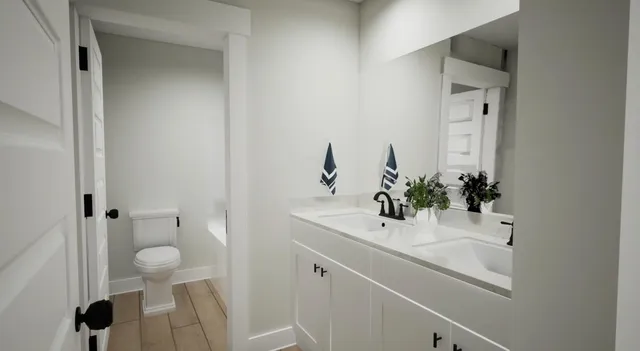 a bathroom with a sink a toilet and a mirror