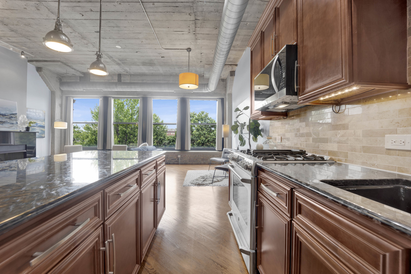 1069 West 14th Place, Unit 323 Chicago, IL 60608 - Photo 13 of 43 a kitchen with stainless steel appliances granite countertop a sink a stove and a wooden cabinets