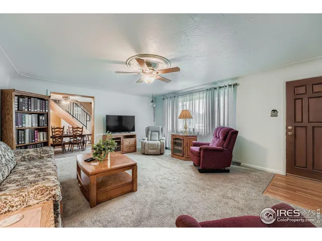 a living room with furniture ceiling fan and a rug
