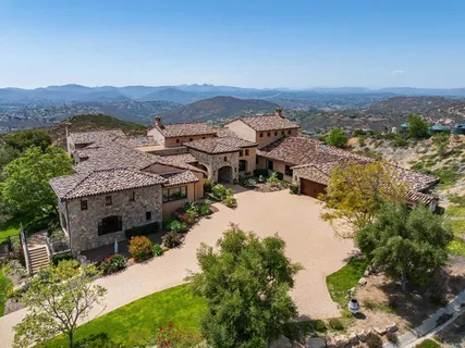 an aerial view of residential houses with outdoor space and trees