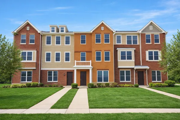 a front view of a building with a yard