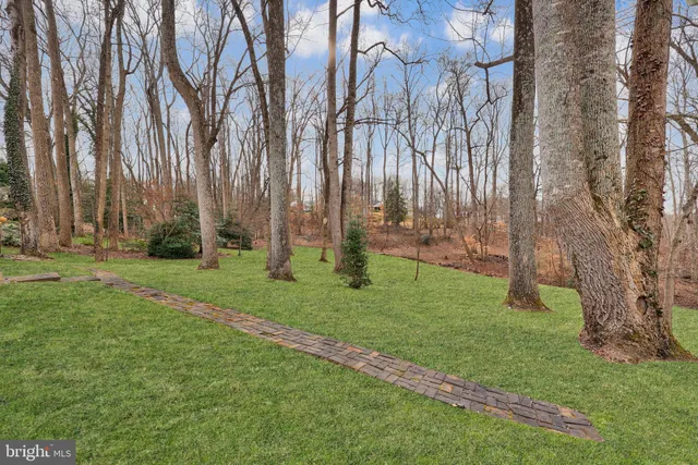 a backyard of a house with lots of green space and fountain