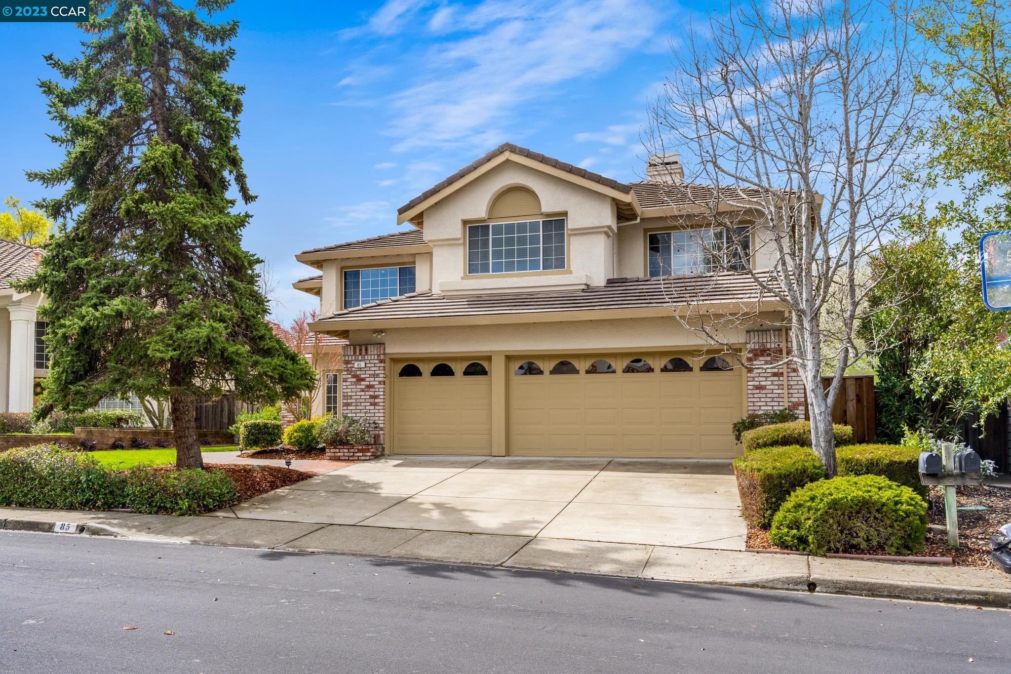 a view of a house with a yard and garage