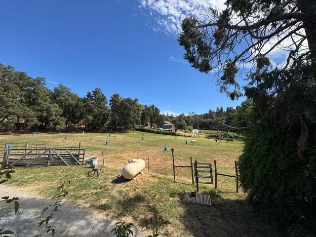 a view of a swimming pool with a lawn chairs and a fire pit