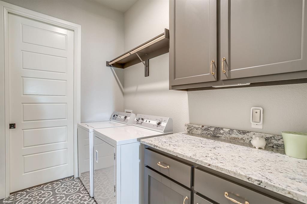 116 Aviara Ridge Road Poolville, TX 76487 - Photo 27 of 38 a utility room with granite countertop cabinets washer and dryer