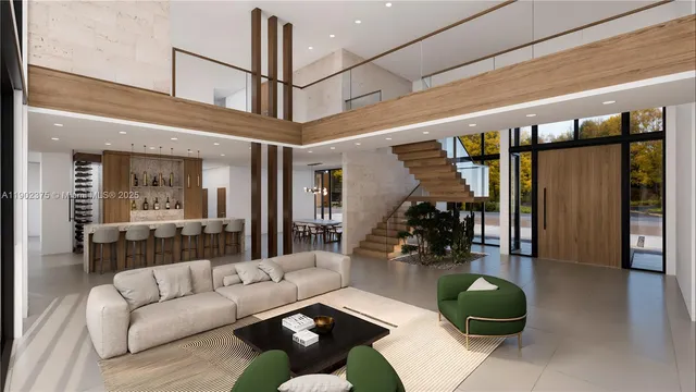 a living room with furniture a chandelier