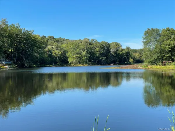a view of a lake with a house in the background