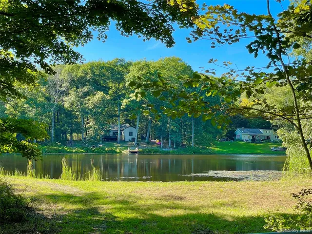 a view of a lake with a house in the background