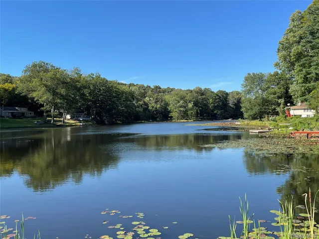a view of lake with green space