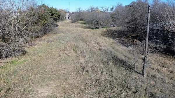 a view of a dry yard with trees in the background