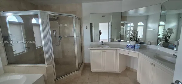 a bathroom with a double vanity sink shower and a mirror