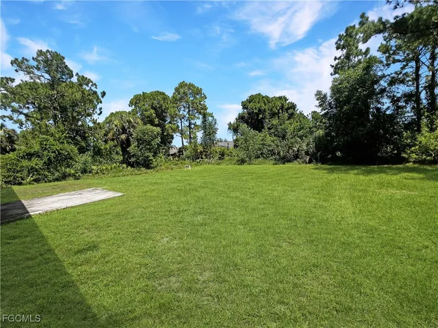 a view of a grassy field with trees in the background