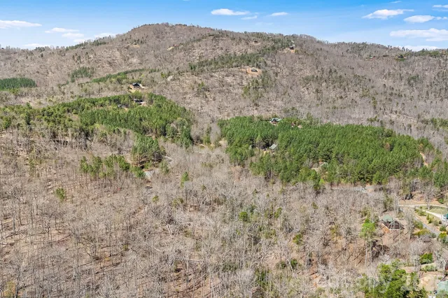 a view of a dry field with mountains in the background