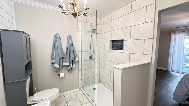 a bathroom with a toilet and a shower