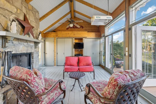 a view of a park with large trees