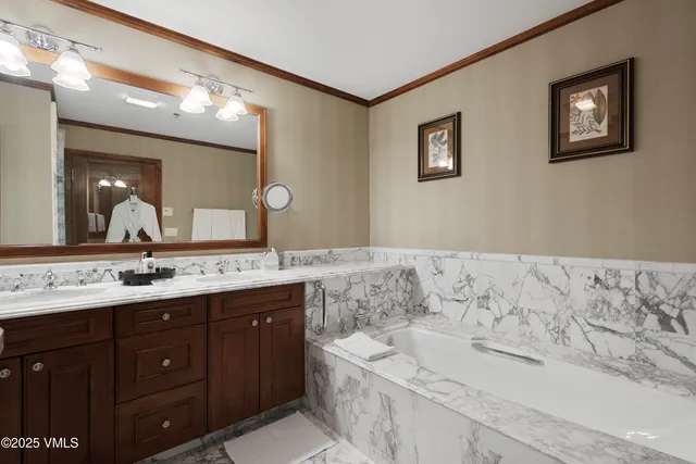 a bathroom with a granite countertop double vanity sink and a bathtub