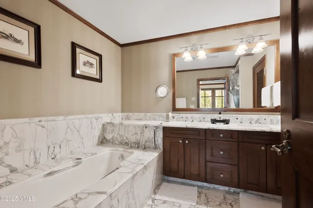 a bathroom with a tub a double vanity sink and a mirror