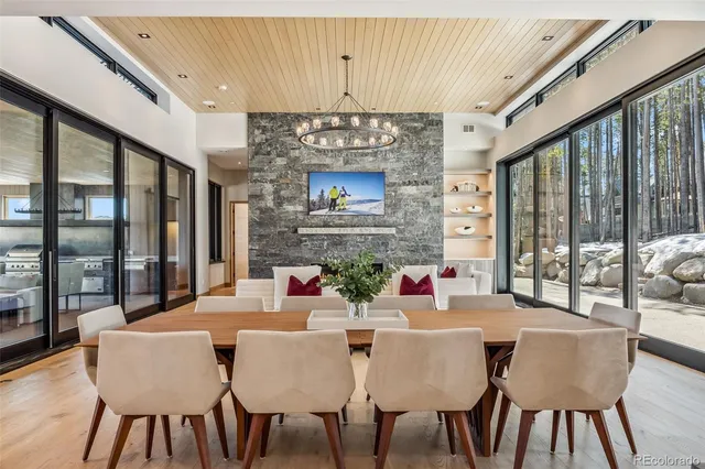 a view of a dining room with furniture window and outside view