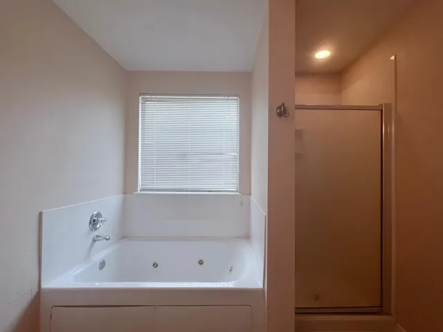 a bathroom with a bathtub and shower