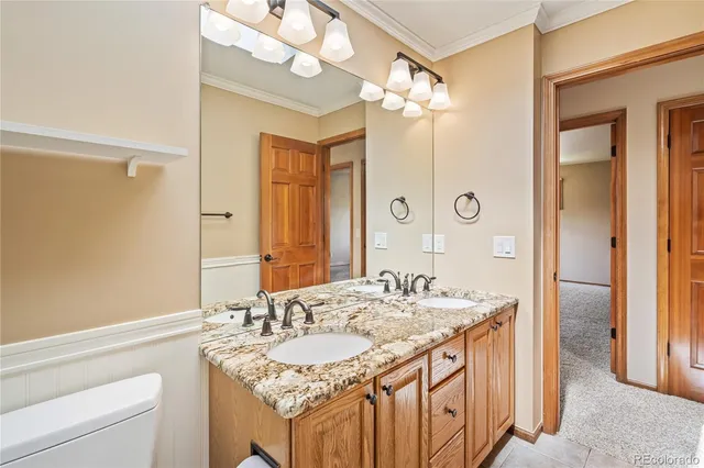 a bathroom with a granite countertop sink a large mirror and a shower