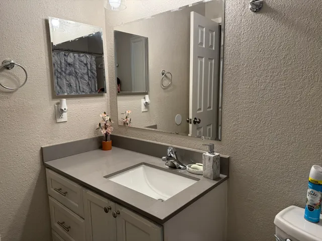 a bathroom with a sink toilet and mirror