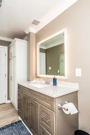 a bathroom with a sink and a mirror