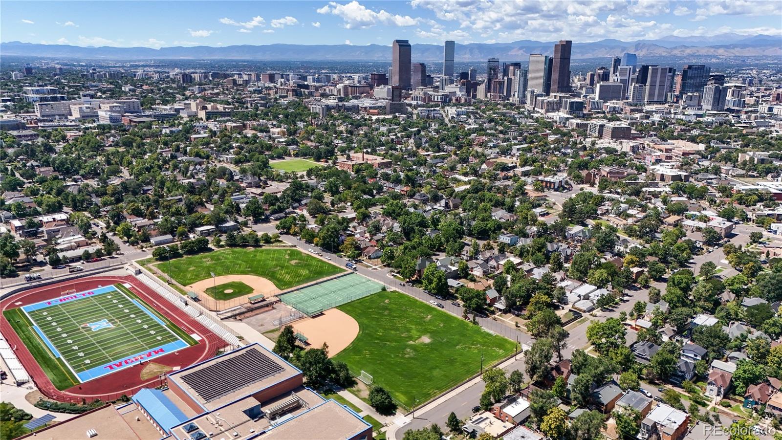 2733 Humboldt Street Denver, CO 80205 - Photo 37 of 40 an aerial view of a house with a garden and lake view