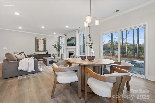 a view of a dining room with furniture wooden floor and chandelier