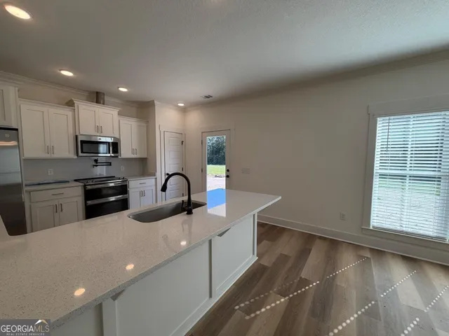 a kitchen with a sink a counter top space cabinets and stainless steel appliances