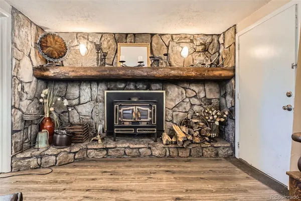 a view of a fireplace with wooden door