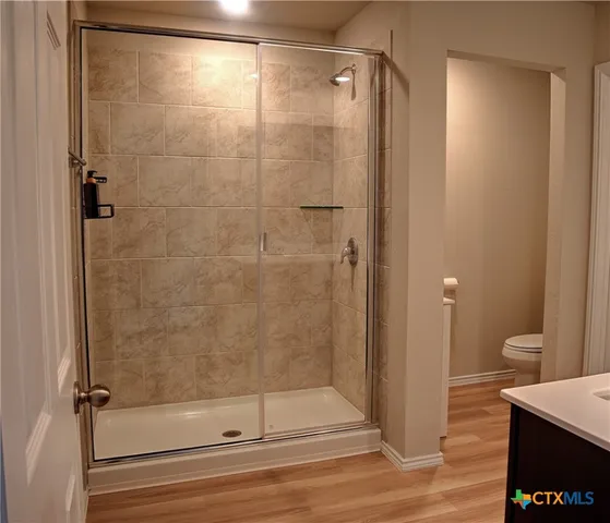 a bathroom with a shower and a sink