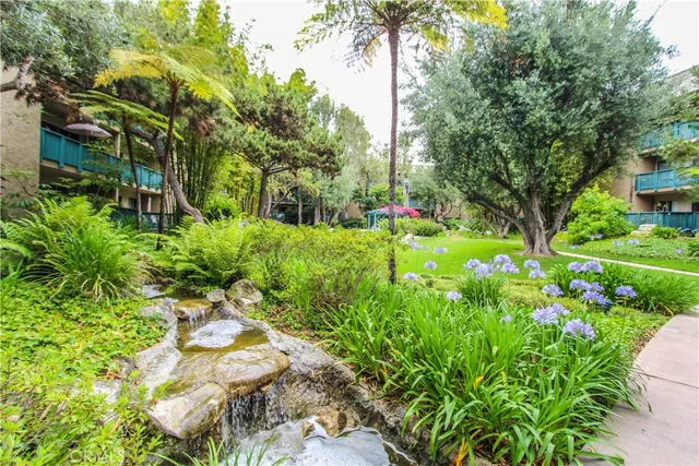 a view of a garden with plants and large trees