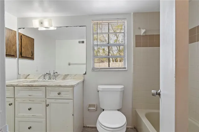 a bathroom with a toilet a sink a vanity a mirror a bathtub and window
