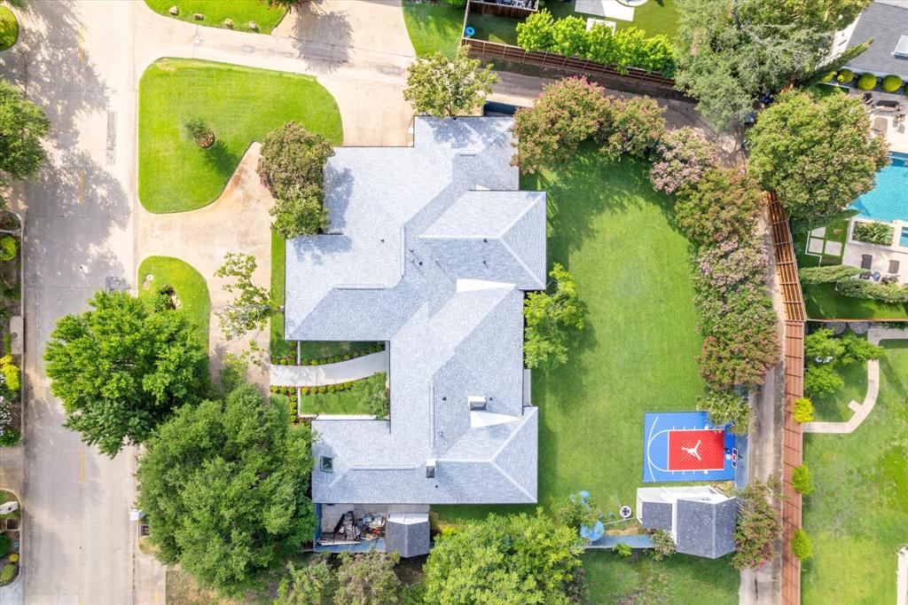 an aerial view of a swimming pool