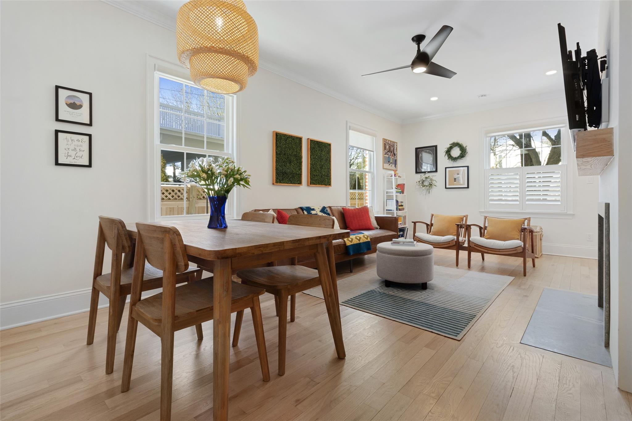 15 Meadow Avenue, Unit 1 Bronxville, NY 10708 - Photo 1 of 1 Dining space featuring crown molding, ceiling fan, and new hardwood flooring