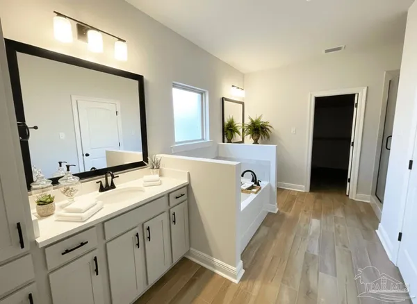 a bathroom with a sink a mirror and a shower