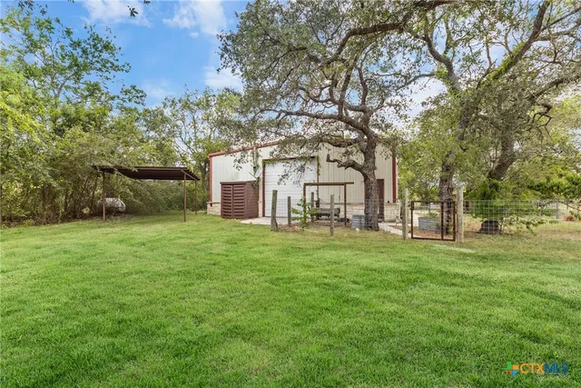 a view of a large garden with plants and large trees
