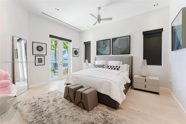 a spacious bedroom with a bed a table and a large window