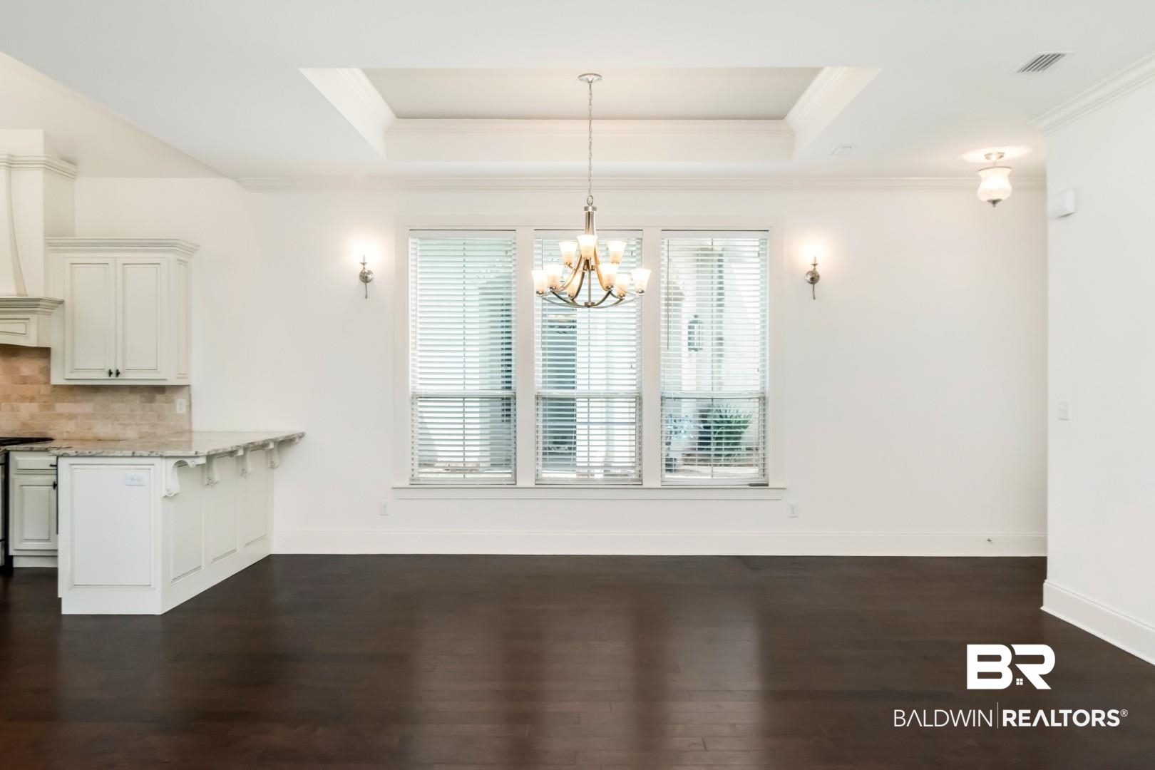 3528 Rue Royal Mobile, AL 36693 - Photo 52 of 53 Open-concept living space featuring dark wood-finish flooring, white walls, and a multi-pane window with blinds