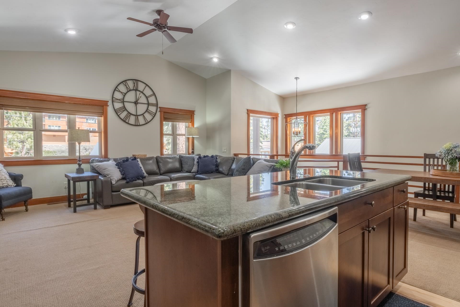 125 Davison Road, Unit 1 Mammoth Lakes, CA 93546 - Photo 11 of 46 a kitchen with a stove and a view of living room