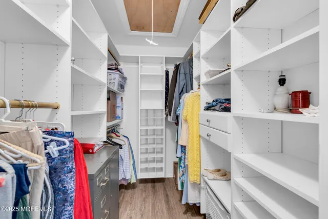 a view of walk in closet with clothes and shoes