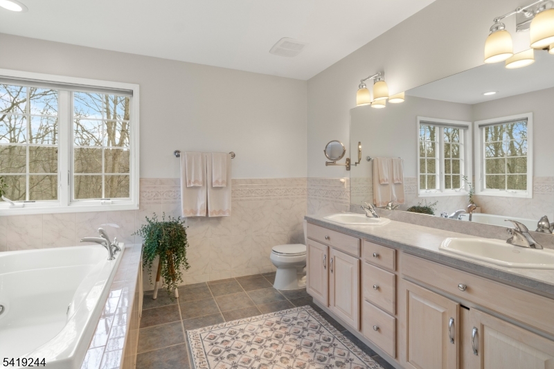 57 Paderewski Road Oak Ridge, NJ 07438 - Photo 22 of 42 a spacious bathroom with a granite countertop sink a toilet a tub and shower